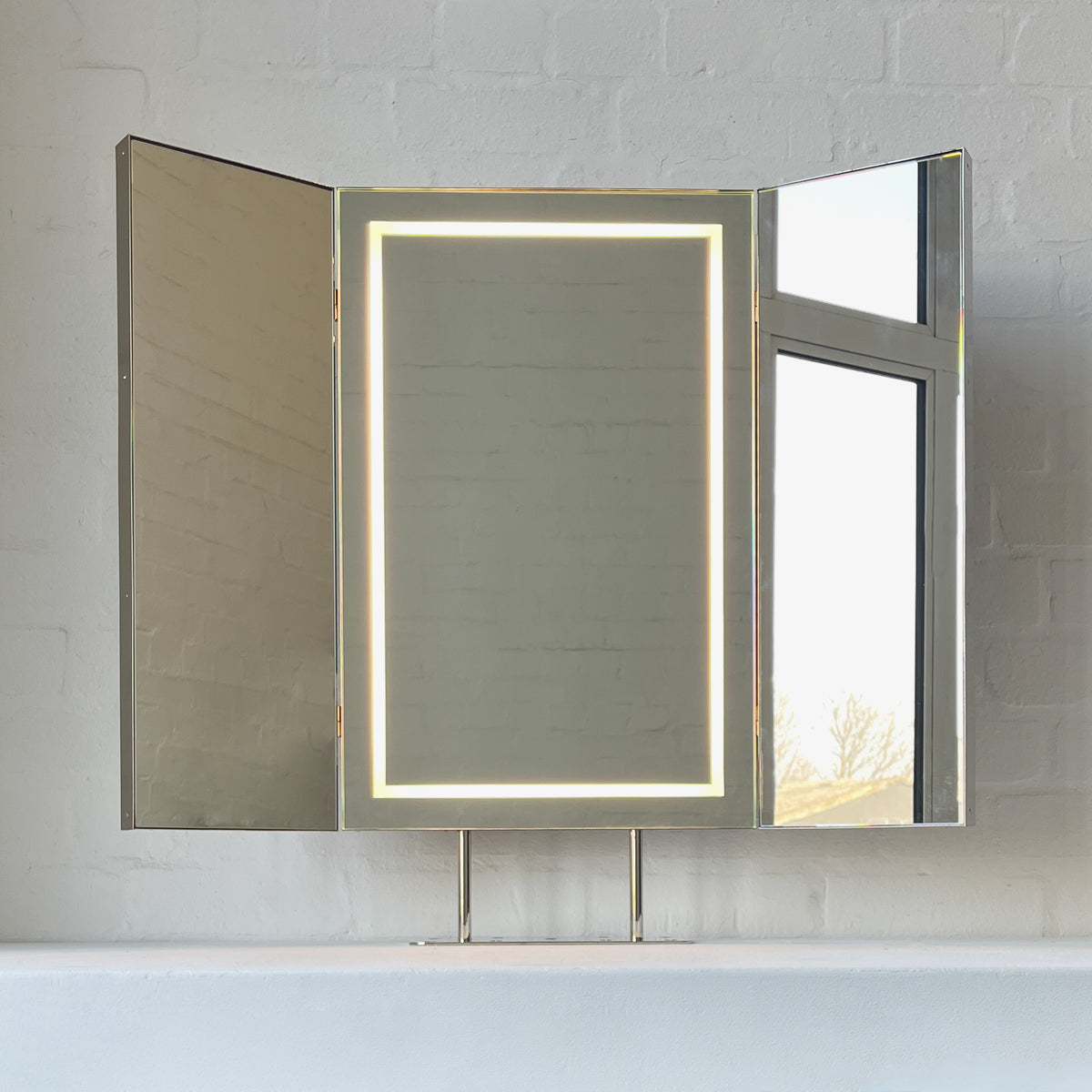 Illuminated Triptych Countertop Mirror with Minimalist Nickel Plated Frame
