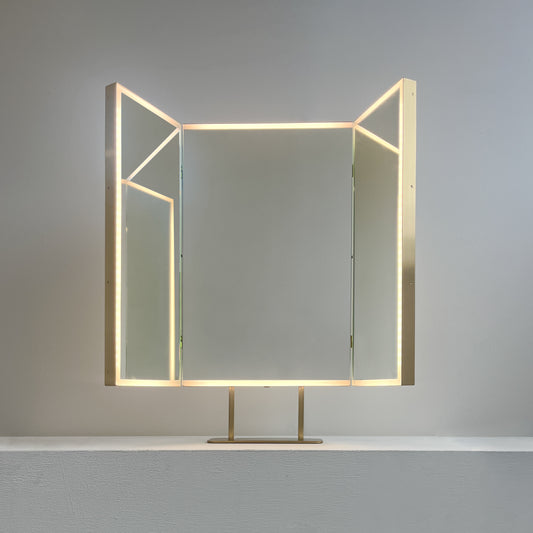 Illuminated Triptych Countertop Mirror with Brushed Brass Frame