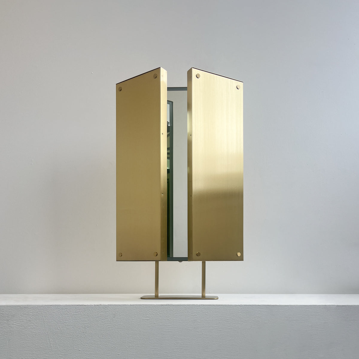 Illuminated Triptych Countertop Mirror with Brushed Brass Frame