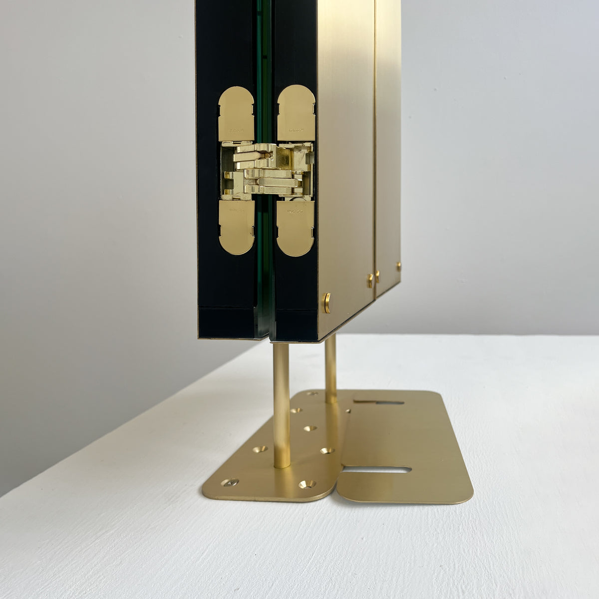 Illuminated Triptych Countertop Mirror with Brushed Brass Frame & Backing
