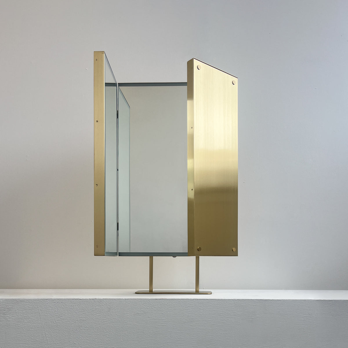 Illuminated Triptych Countertop Mirror with Brushed Brass Frame & Backing