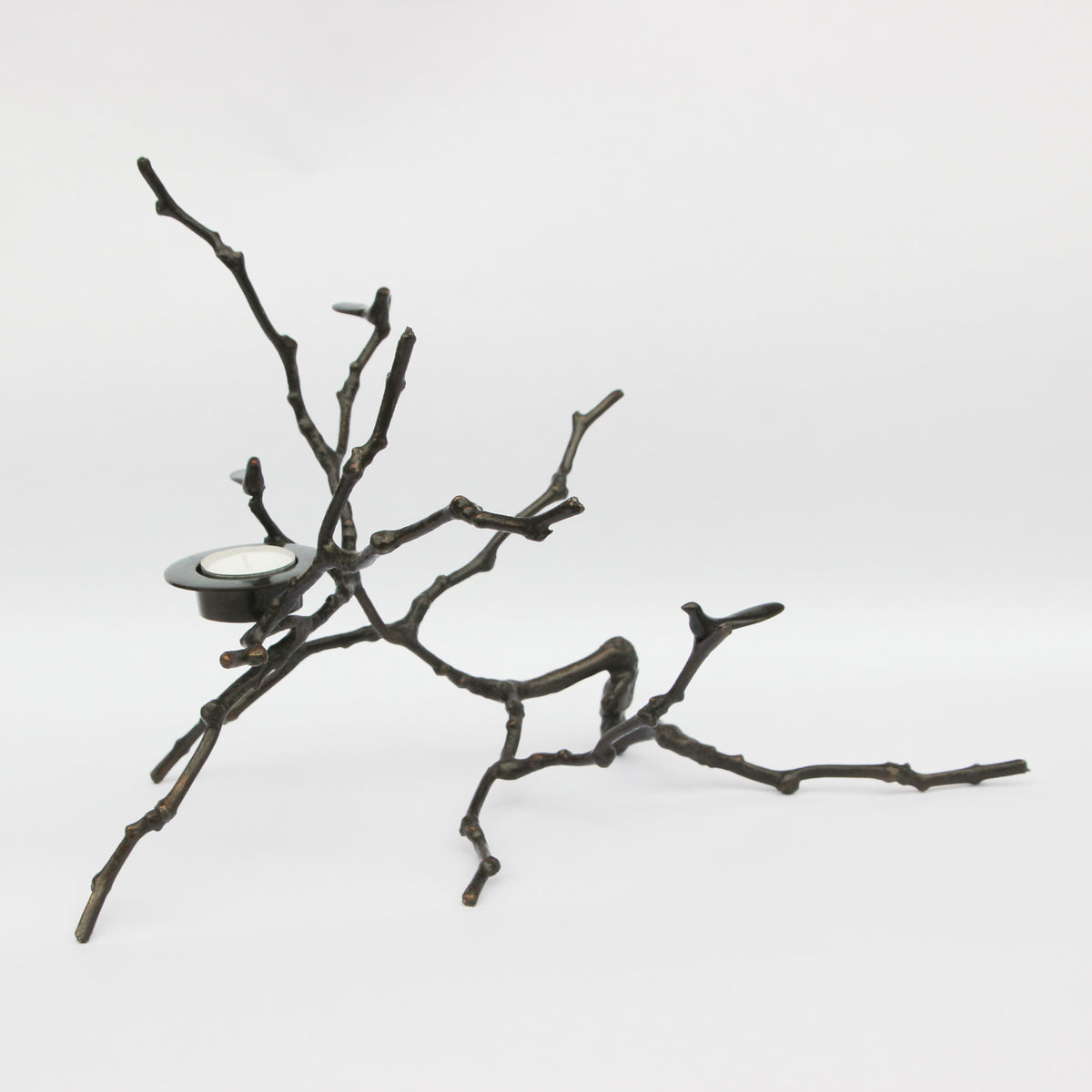 Bronze Cast Magnolia Twig Tealight Candle Holder With Dark Patina, Tall