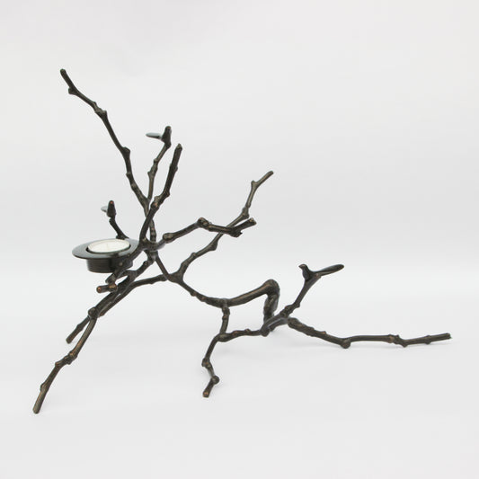 Bronze Cast Magnolia Twig Tealight Candle Holder With Dark Patina, Tall