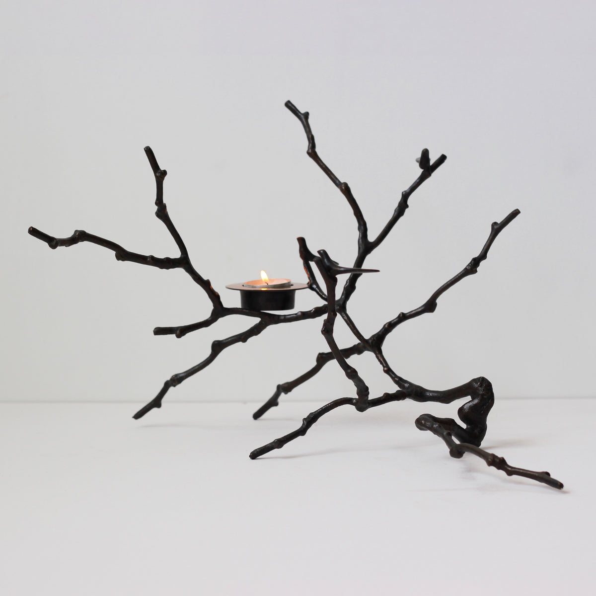 Bronze Cast Magnolia Twig Tealight Candle Holder With Dark Patina, Tall