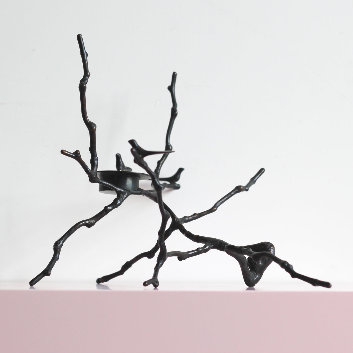 Bronze Cast Magnolia Twig Tealight Candle Holder With Dark Patina, Tall