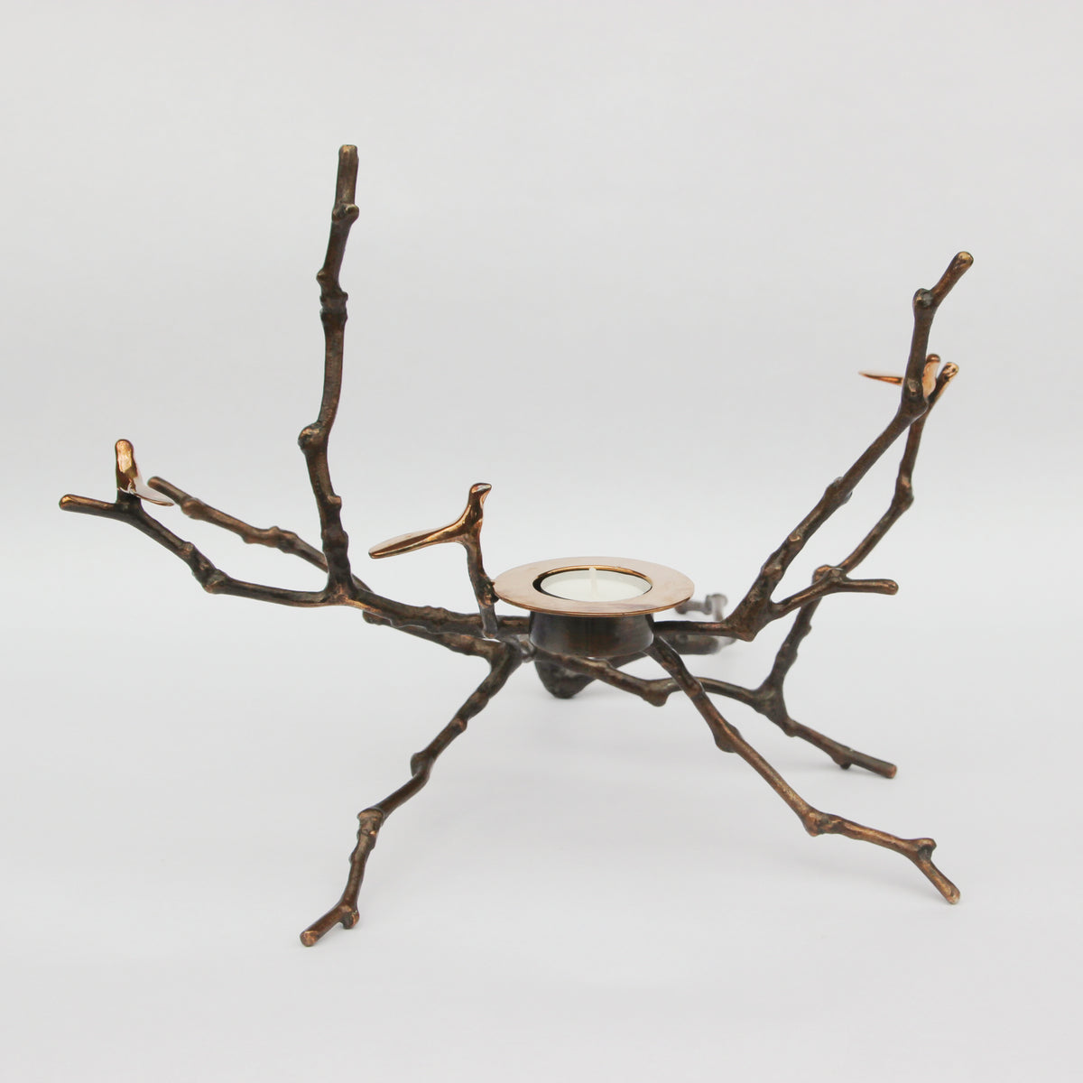 Bronze Cast Magnolia Twig Tealight Holder With Light Patina - Tall