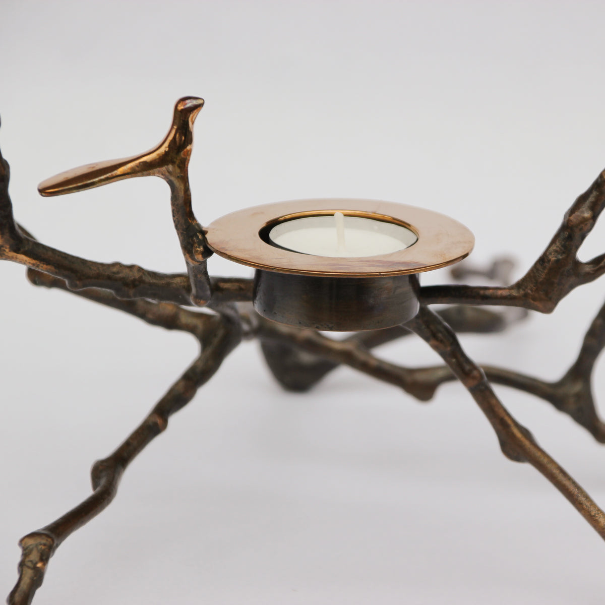 Bronze Cast Magnolia Twig Tealight Holder With Light Patina - Tall