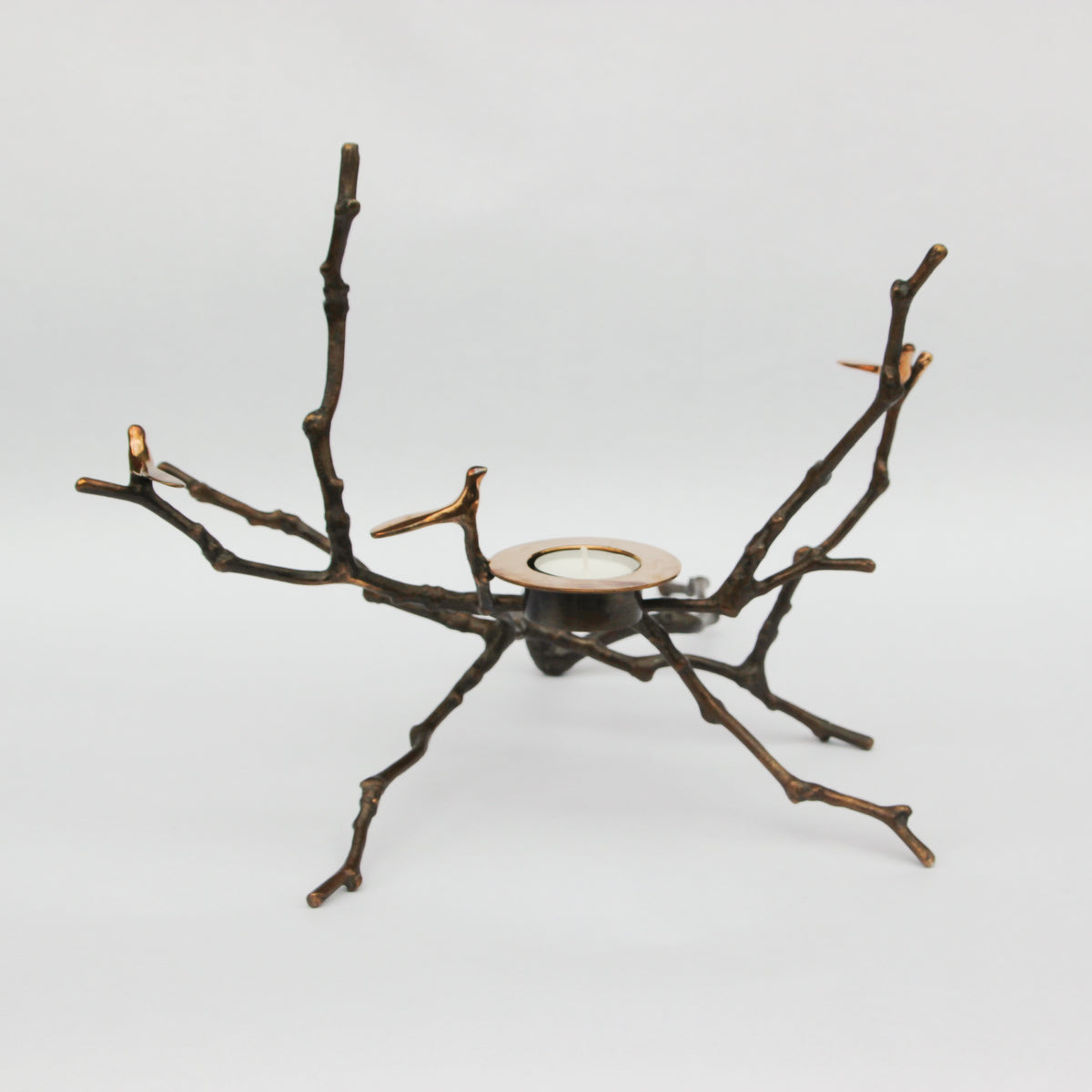 Bronze Cast Magnolia Twig Tealight Holder With Light Patina - Tall