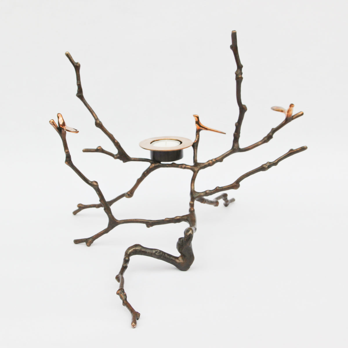 Bronze Cast Magnolia Twig Tealight Holder With Light Patina - Tall