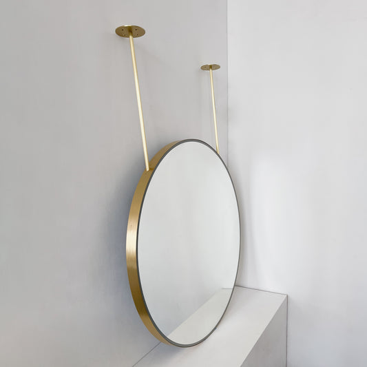 Orbis™ Illuminated Ceiling Suspended Round Mirror with Brushed Brass Frame, Two Arms