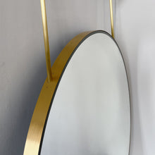 Orbis™ Illuminated Ceiling Suspended Round Mirror with Brushed Brass Frame, Two Arms