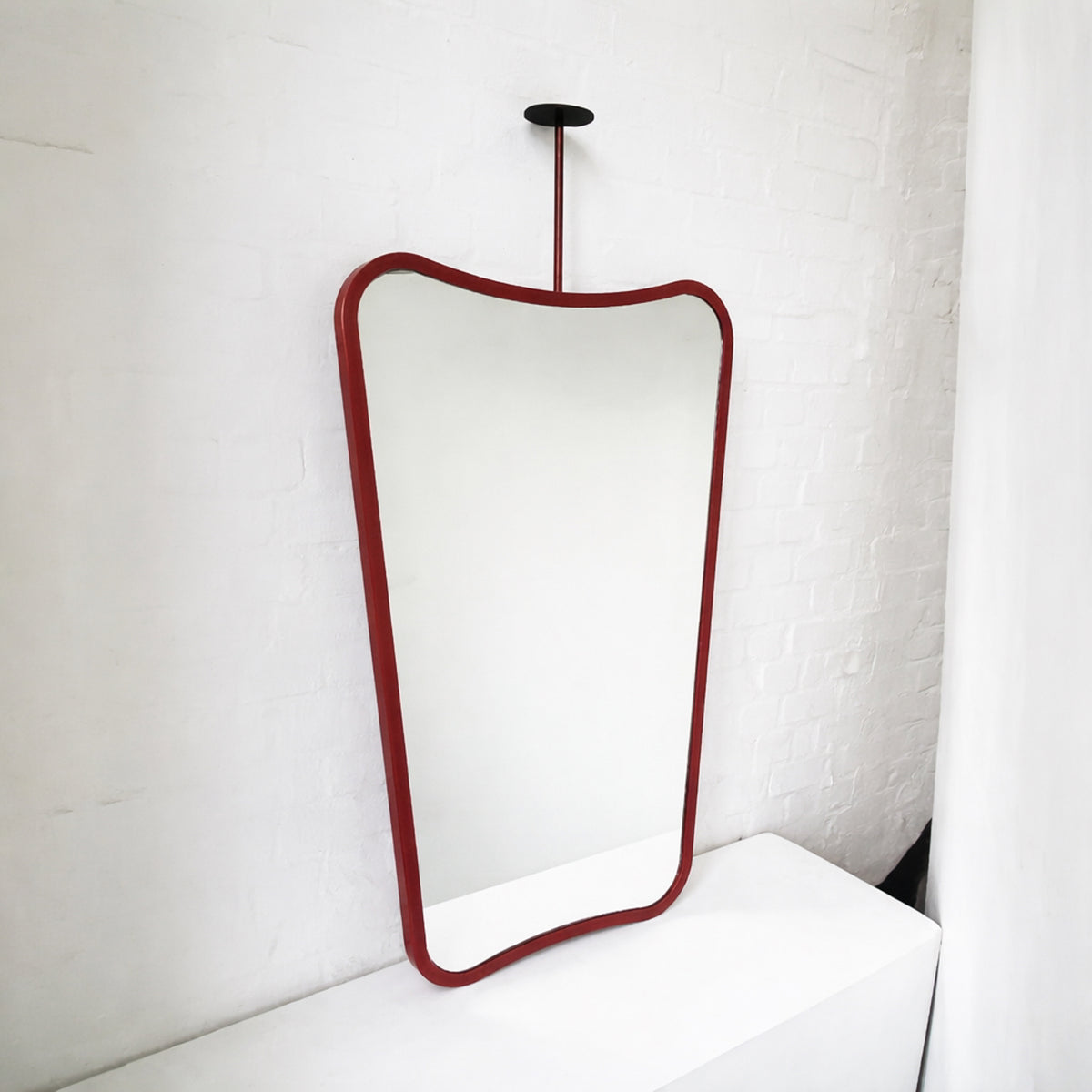 Mid-century Inspired Ceiling Suspended Mirror with Modern Red Frame