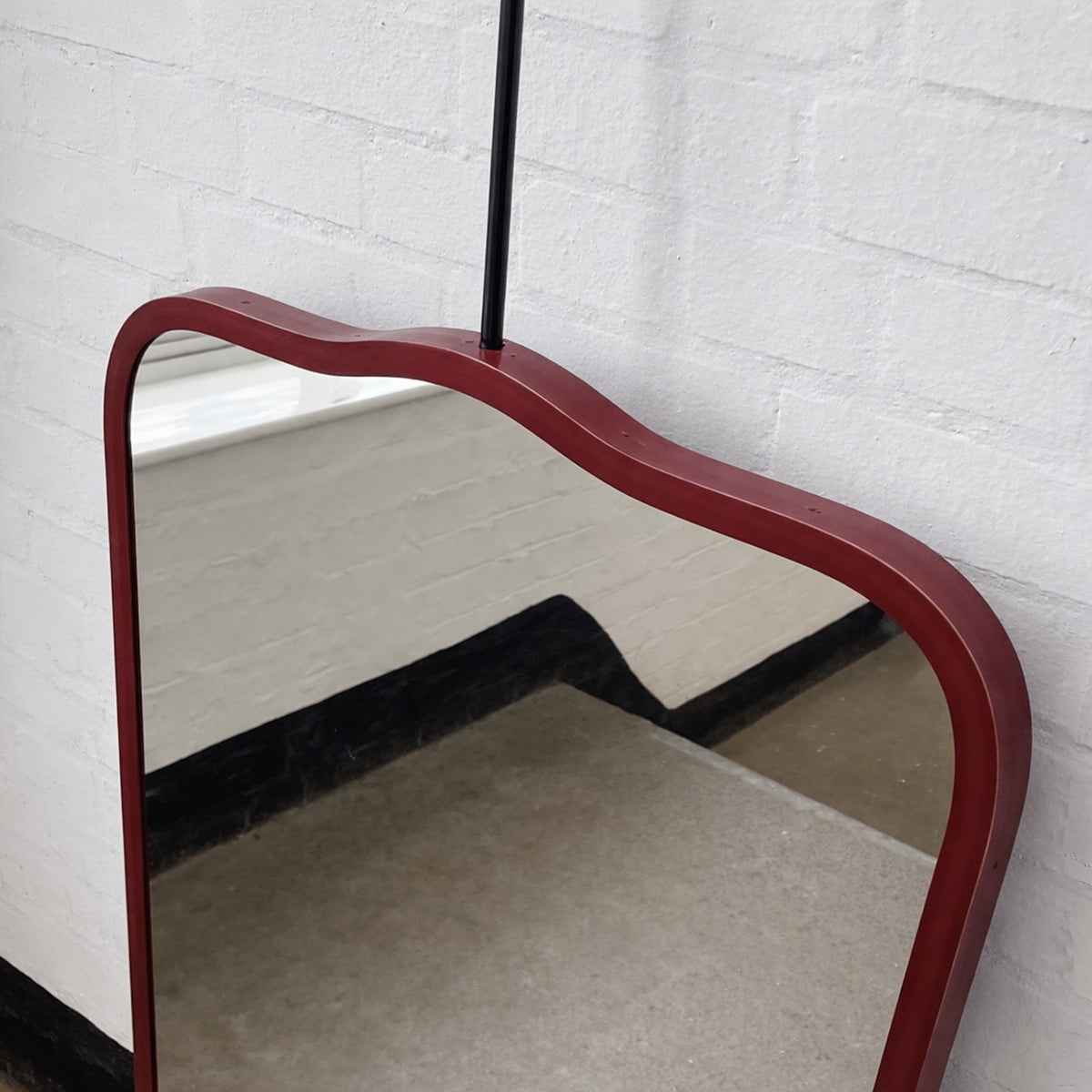 Mid-century Inspired Ceiling Suspended Freeform Mirror with Red Frame - Vintage N.4