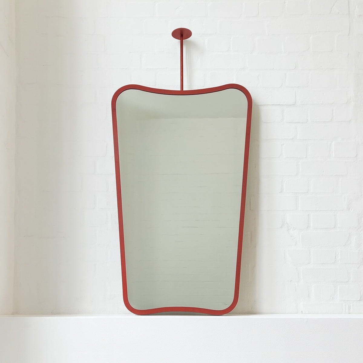 Mid-century Inspired Ceiling Suspended Mirror with Modern Red Frame