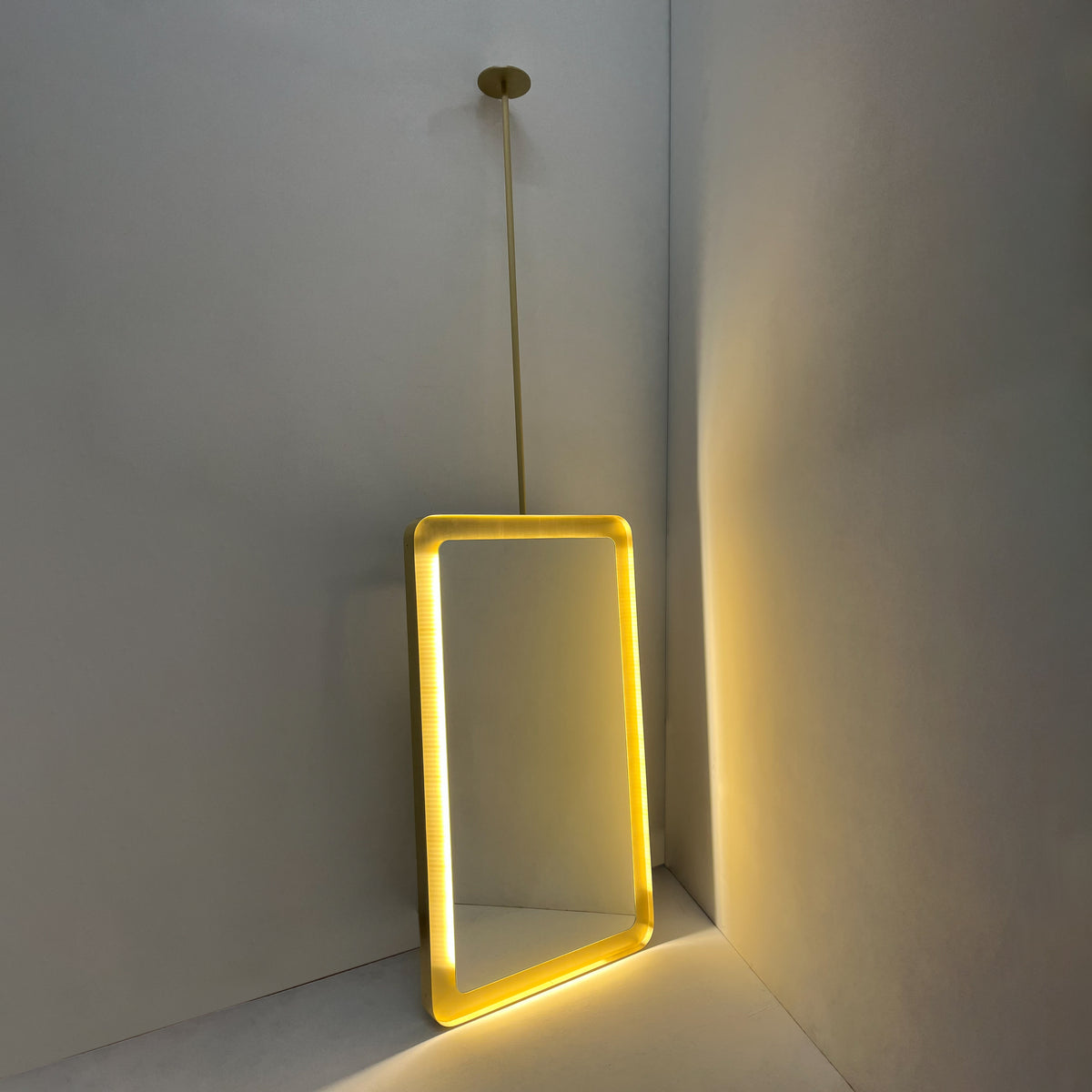 Ceiling Suspended Quadris™ Rectangular Illuminated Mirror with Brass Tray Frame