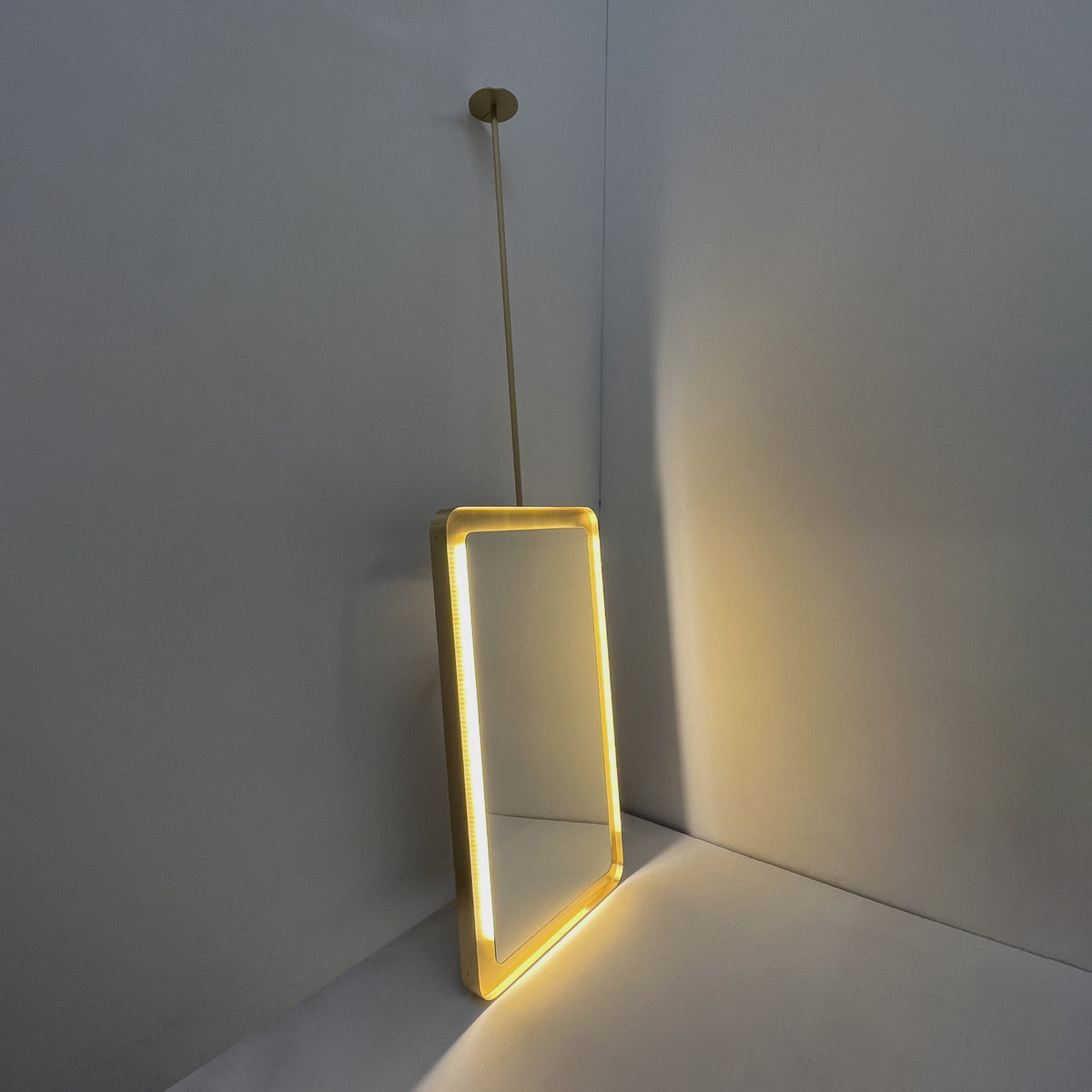 Ceiling Suspended Quadris™ Rectangular Illuminated Mirror with Brass Tray Frame