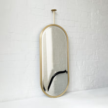 Pill shaped Ceiling Suspended Bevelled Mirror with Brass Full Frame