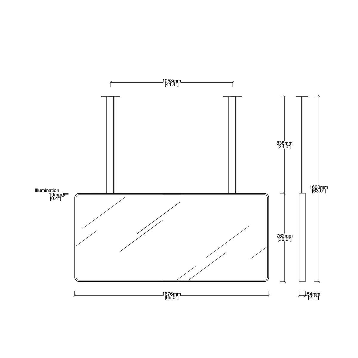 Illuminated Quadris™ Ceiling Suspended Rectangular Bathroom Island Mirror, Blackened Metal Frame