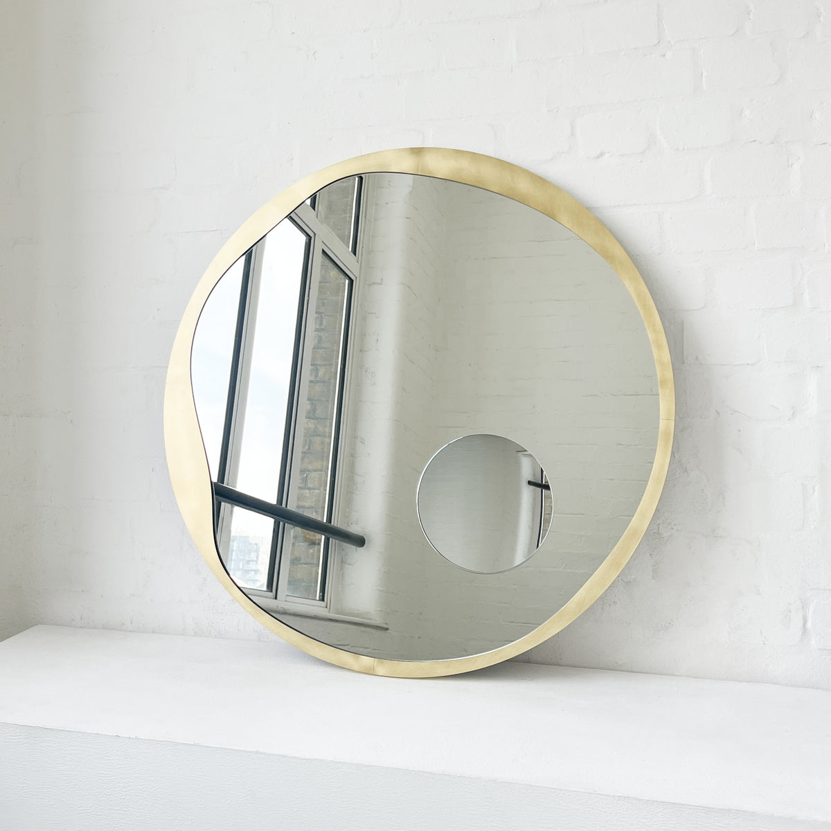 Round Mirror with Integrated Magnifying Mirror and Decorative Brass Full Frame