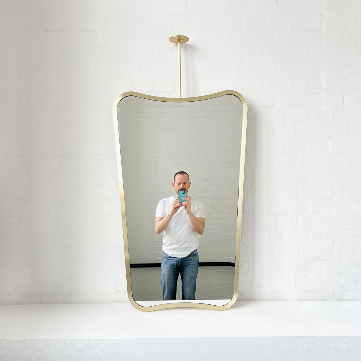 Mid-century Inspired Ceiling Suspended Mirror with Brass Full Frame - Vintage N.2