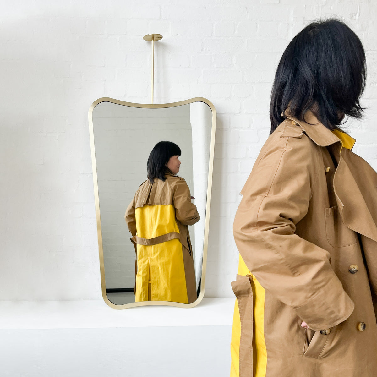 Mid-century Inspired Ceiling Suspended Mirror with Brass Full Frame - Vintage N.2