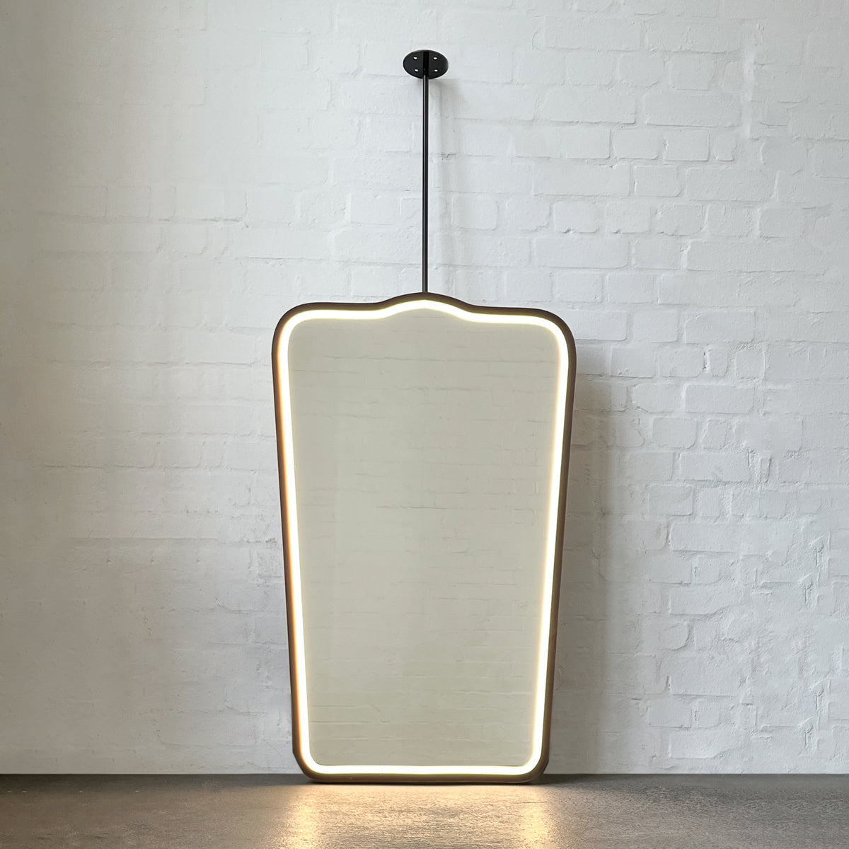 Mid Century style Ceiling Suspended Illuminated Mirror with Bronze Patina Frame
