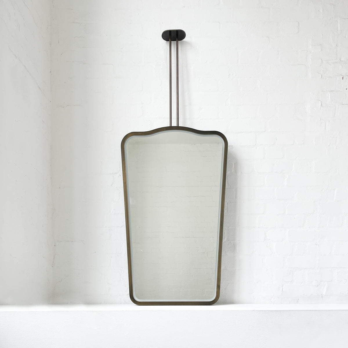Ceiling Suspended Illuminated Mirror with Bronze Patina Frame and Twin Arms - Vintage N.4