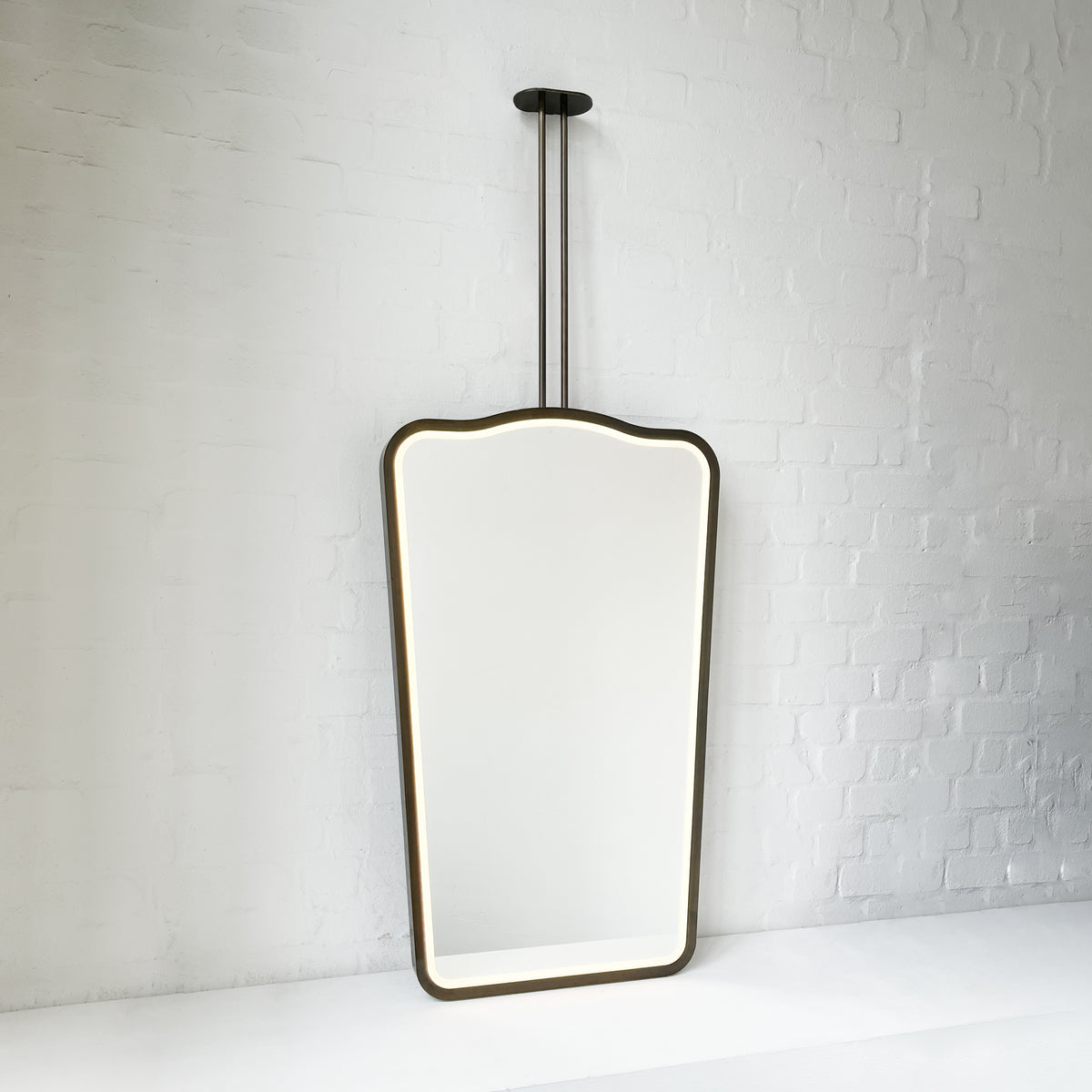 Ceiling Suspended Illuminated Mirror with Bronze Patina Frame and Twin Arms - Vintage N.4