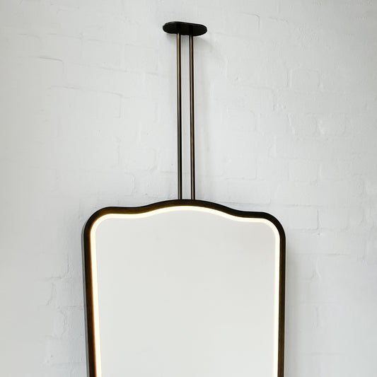 Ceiling Suspended Illuminated Mirror with Bronze Patina Frame and Twin Arms - Vintage N.4
