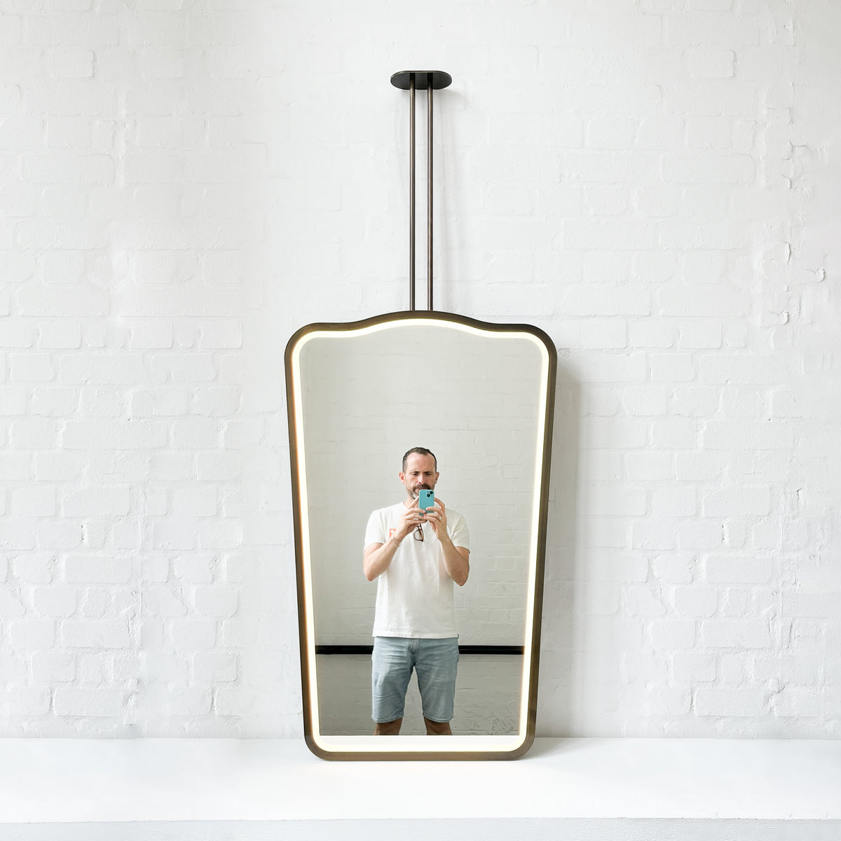 Ceiling Suspended Illuminated Mirror with Bronze Patina Frame and Twin Arms - Vintage N.4