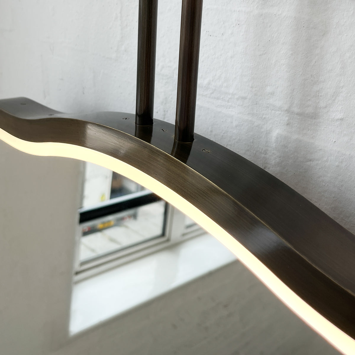Ceiling Suspended Illuminated Mirror with Bronze Patina Frame and Twin Arms - Vintage N.4