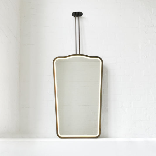 Ceiling Suspended Illuminated Mirror with Bronze Patina Frame and Twin Arms - Vintage N.4