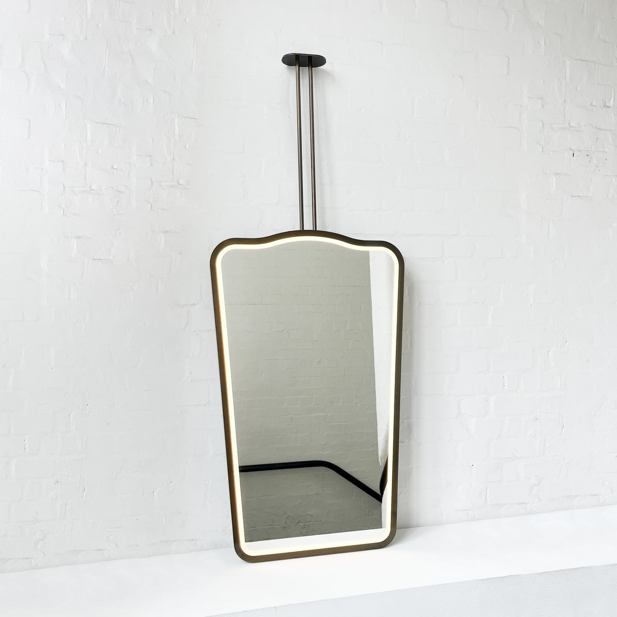 Ceiling Suspended Illuminated Mirror with Bronze Patina Frame and Twin Arms - Vintage N.4