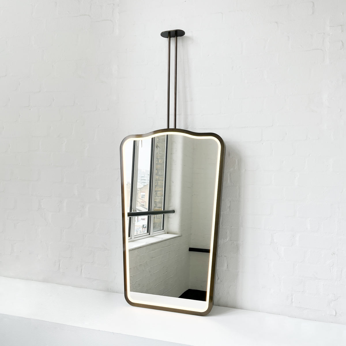 Ceiling Suspended Illuminated Mirror with Bronze Patina Frame and Twin Arms - Vintage N.4