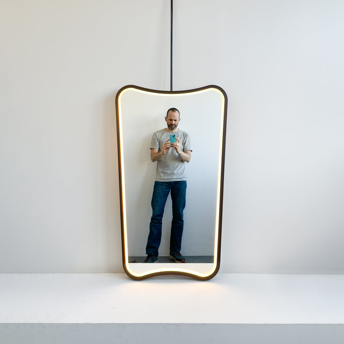 Ceiling Suspended Vintage Mirror with Front Illumination and Bronze Patina Frame