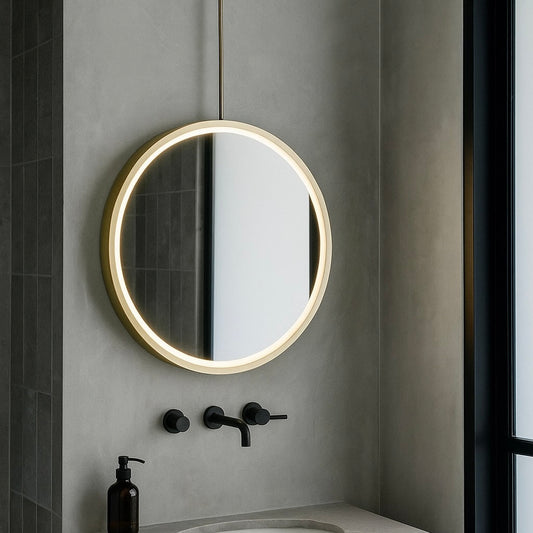 Orbis™ Ceiling-Suspended Illuminated Round Mirror with Full Brass Frame