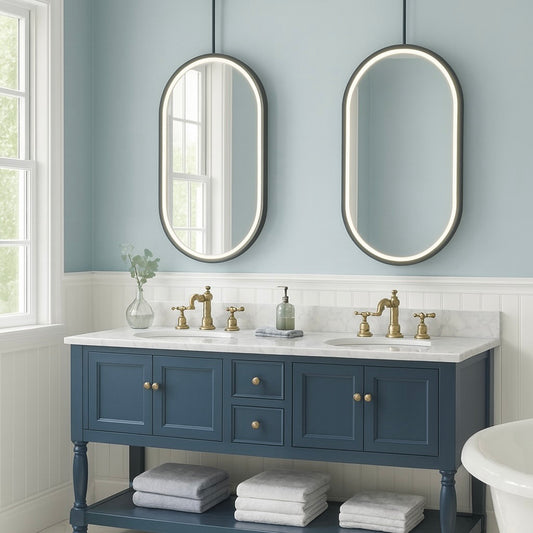 Capsula™ Ceiling-Suspended Illuminated Mirror with Contemporary Black Full Frame