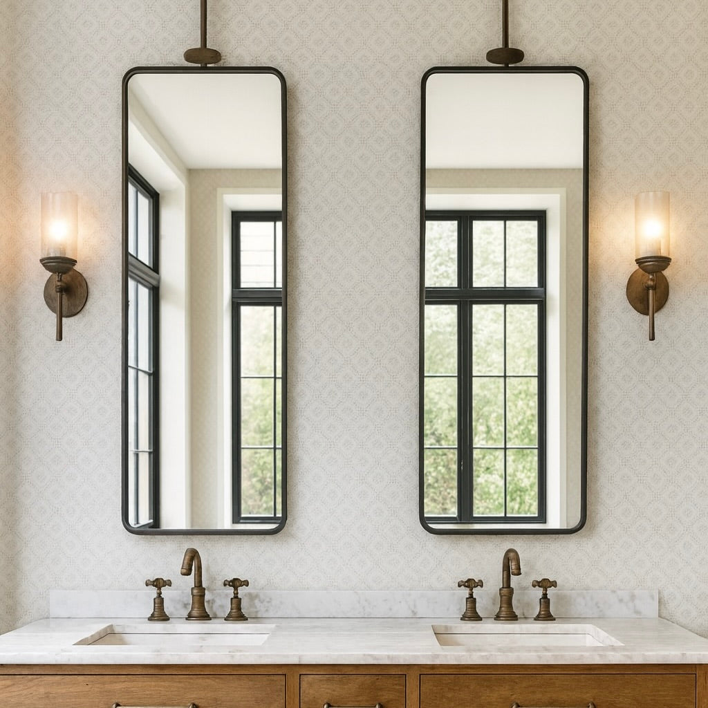 Decorative Ceiling-Suspended Quadris Rectangular Mirror with Bronze Patina Brass Frame