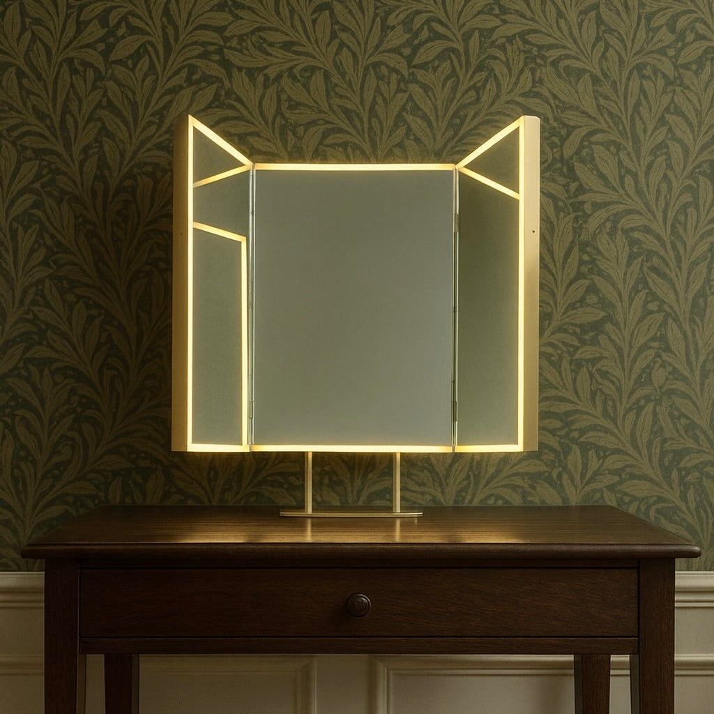 Illuminated Triptych Countertop Mirror with Brushed Brass Frame & Backing