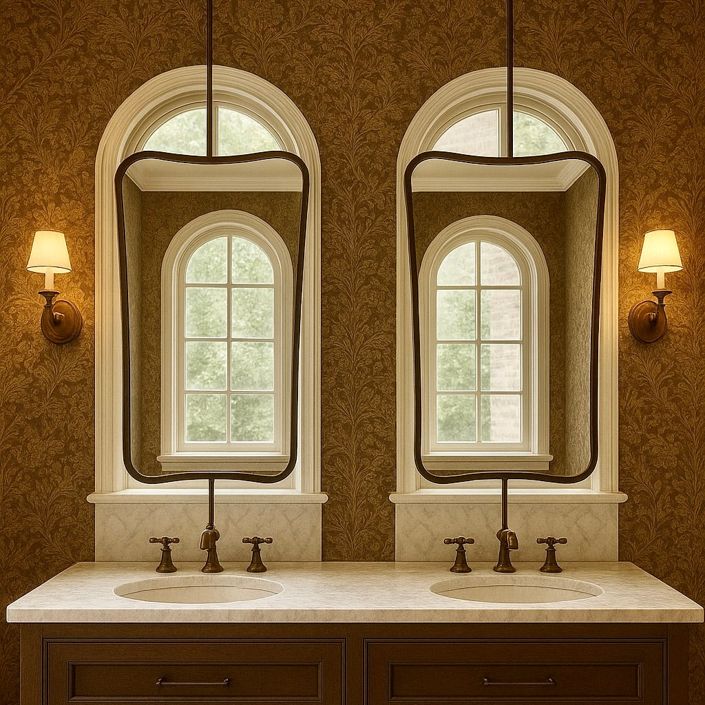 Set of two Freeform Ceiling Suspended Mirrors with Bronze Patina Frame
