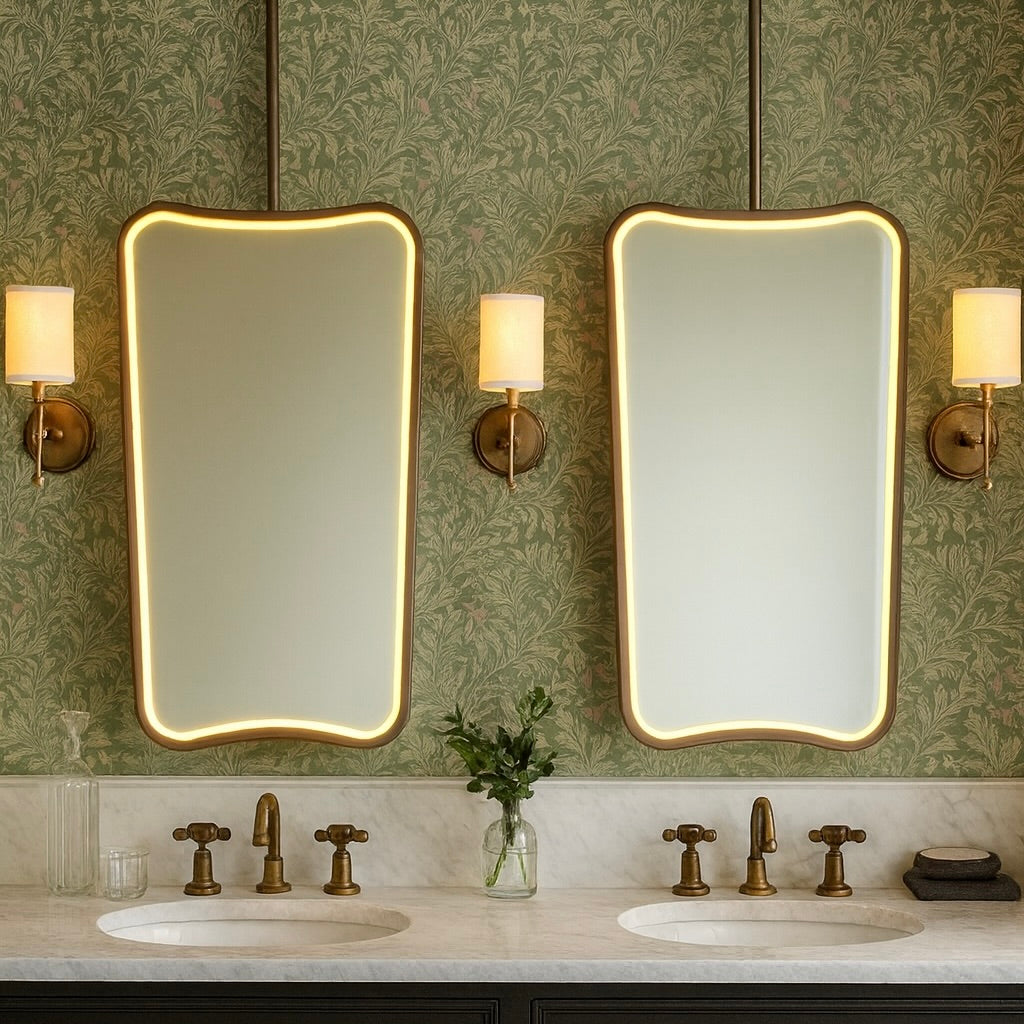 Set of Mid-century style Ceiling Suspended Freeform Illuminated Bathroom Mirrors with Illumination