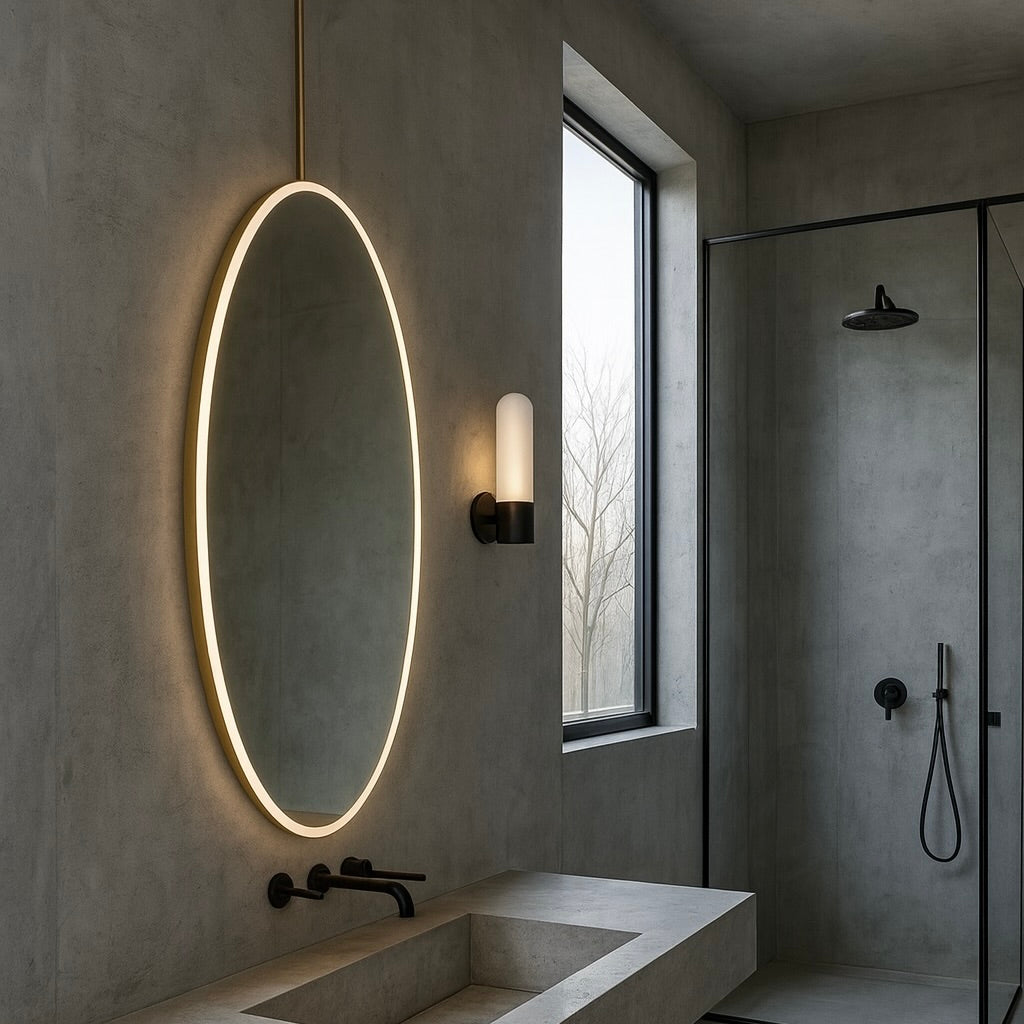 Ovalis™ Illuminated Ceiling Hanging Contemporary Oval Mirror with a Brass Frame, Customisable