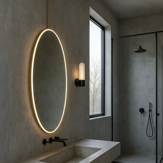Ovalis™ Illuminated Ceiling Hanging Contemporary Oval Mirror with a Brass Frame, Customisable