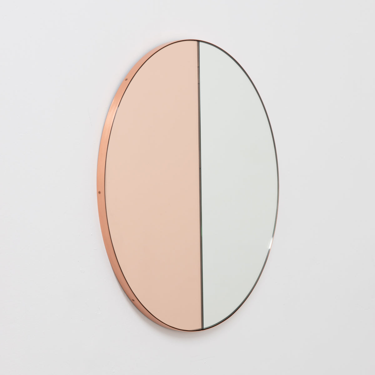 In Stock Orbis Dualis Mixed Tint Rose Gold + Silver Contemporary Round Mirror with Copper Frame