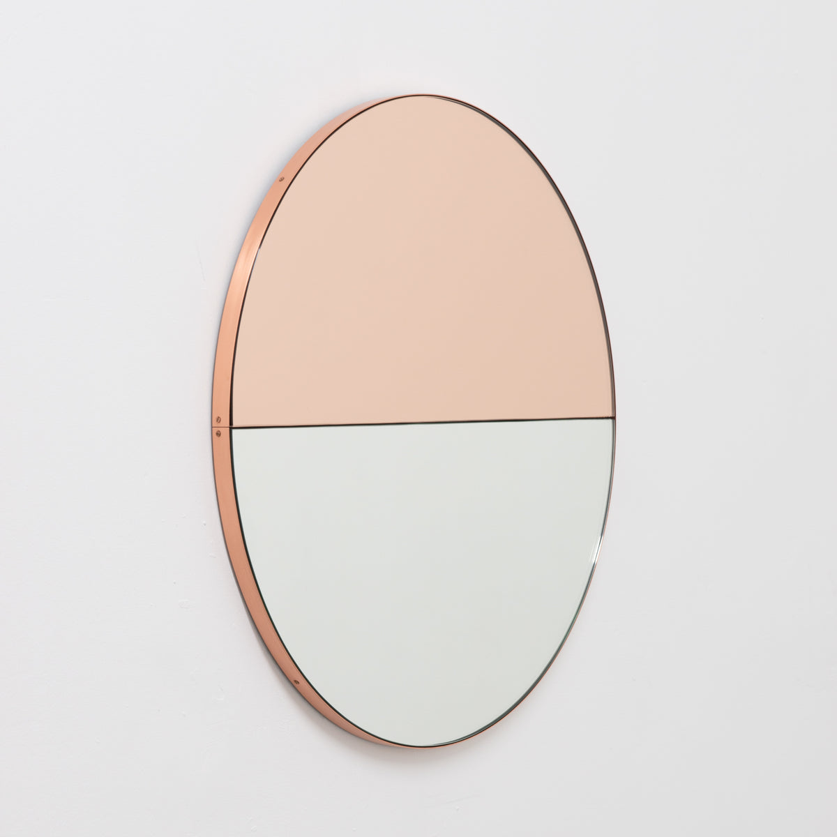 In Stock Orbis Dualis Mixed Tint Rose Gold + Silver Contemporary Round Mirror with Copper Frame