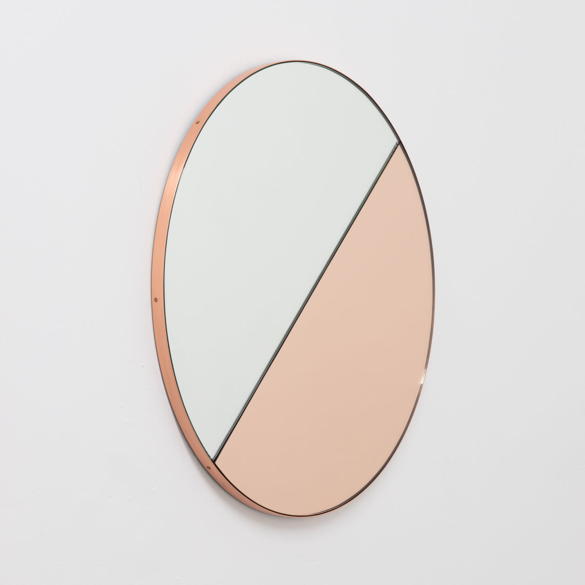 In Stock Orbis Dualis Mixed Tint Rose Gold + Silver Contemporary Round Mirror with Copper Frame