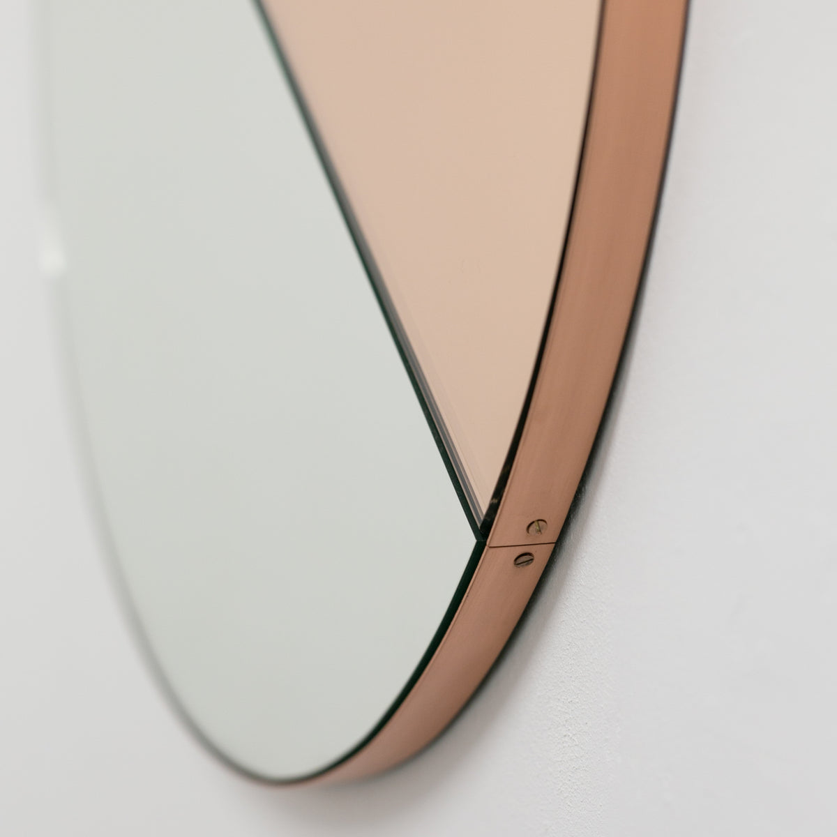 In Stock Orbis Dualis Mixed Tint Rose Gold + Silver Contemporary Round Mirror with Copper Frame