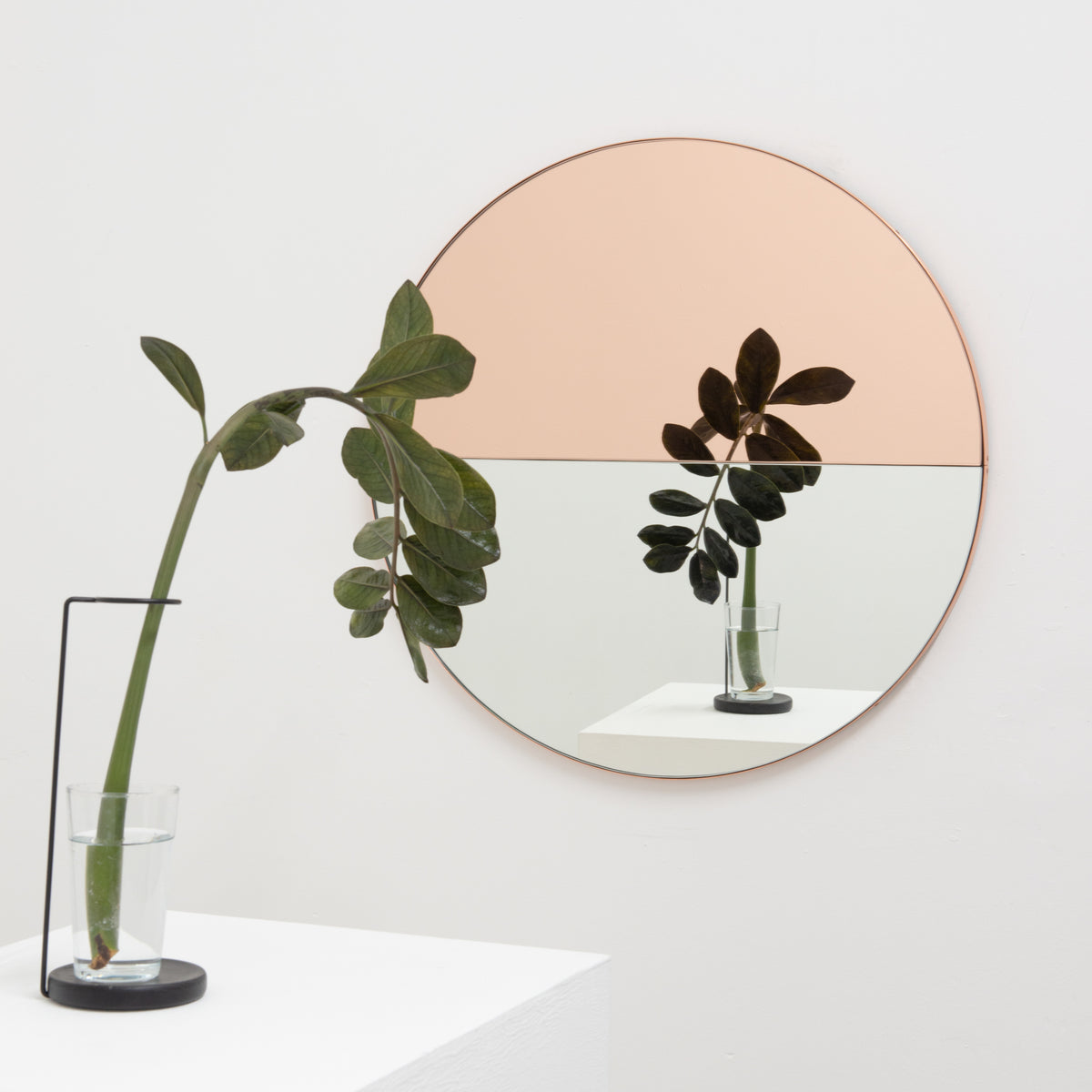 In Stock Orbis Dualis Mixed Tint Rose Gold + Silver Contemporary Round Mirror with Copper Frame