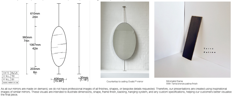 Bespoke Countertop to ceiling Ovalis™ Mirror Minimalist Frame Terra Patina Finish (1067 x 406 x 30mm)