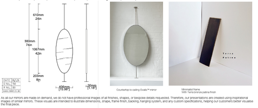 Bespoke Countertop to ceiling Ovalis™ Mirror Minimalist Frame Terra Patina Finish (1067 x 406 x 30mm)
